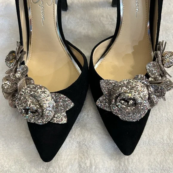 Jessica Simpson velvet like black heels embellished with silver flower details. - Picture 3 of 8